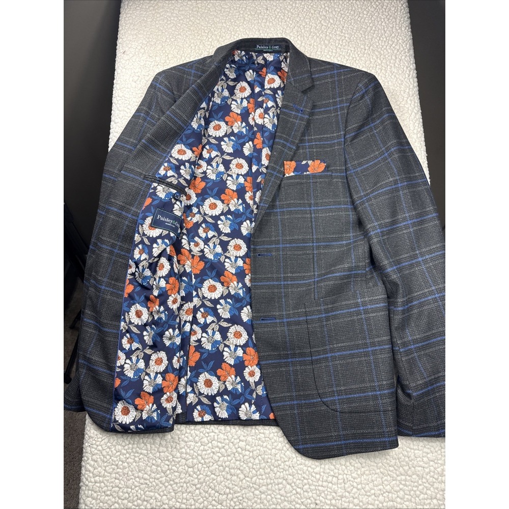 Paisley & Gray Gray Plaid Blazer with Blue and Orange Floral Lining